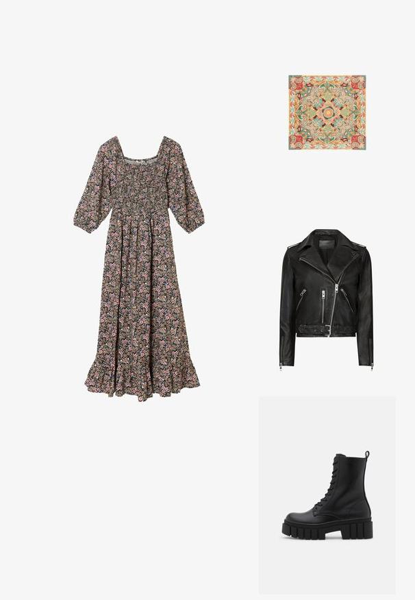 Veste de moto en cuir noir avec des zips avant asymétriques, plusieurs poches zippées, des revers larges et une taille ceinturée. Design classique.; Robe longue noire à imprimé floral rose et blanc, corsage smocké, manches trois-quarts bouffantes et ourlet à volants.; Bottines en cuir noir avec semelle épaisse et rainurée, devant à lacets et tirette sur fond blanc lisse.; Carré de tissu avec des motifs paisley et floraux symétriques en tons rouge, bleu sarcelle, orange et beige, disposés en un motif mandala détaillé.