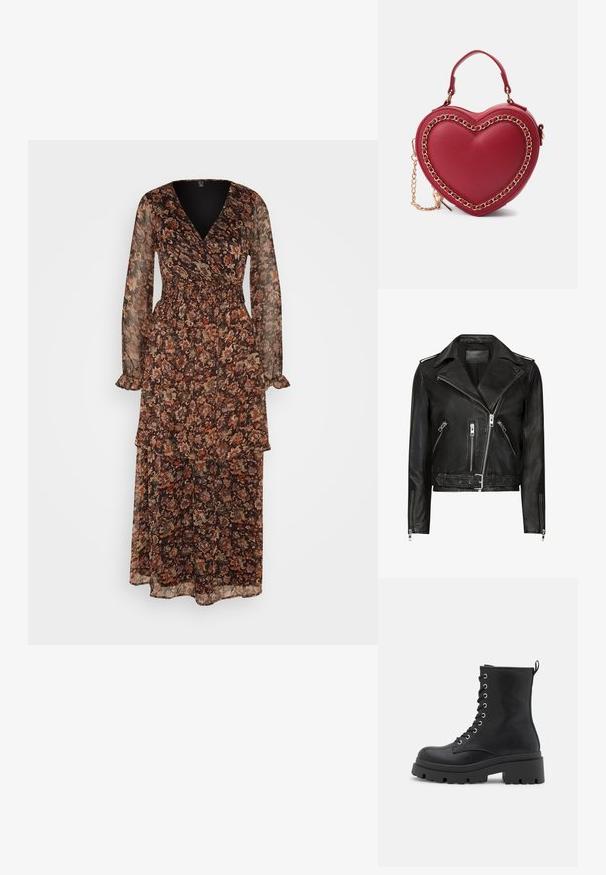 Zwarte leren motorjack met asymmetrische ritsen aan de voorkant, meerdere ritszakken, brede revers en een ceintuur in de taille. Klassiek ontwerp.; Vero Moda VMPHILINE DRESS - Jurk - black; Zwarte veterankers met een chunky zool, een gladde textuur, zilverkleurige details en een treklus aan de achterkant voor gemakkelijk aan- en uittrekken.; Rood hartvormig handtasje gemaakt van glad leer met een gouden kettingaccent en een bovenhandvat, voorzien van een afneembare schouderriem.