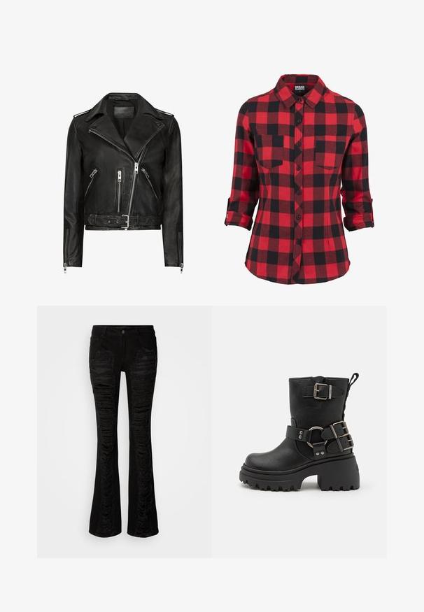 Veste de moto en cuir noir avec des zips avant asymétriques, plusieurs poches zippées, des revers larges et une taille ceinturée. Design classique.; Chemise en flanelle à carreaux rouge et noir, manches longues avec poignets retroussés, col pointu, deux poches poitrine, devant à boutons, texture douce.; Jean flare en denim noir avec des accents déchirés à l'avant, des patches texturés et un design classique à cinq poches avec une fermeture à bouton.; Bottine en cuir noir avec une semelle épaisse, accents de boucle et de sangle, et une finition texturée. Équipée d'une languette pour un enfilage facile.