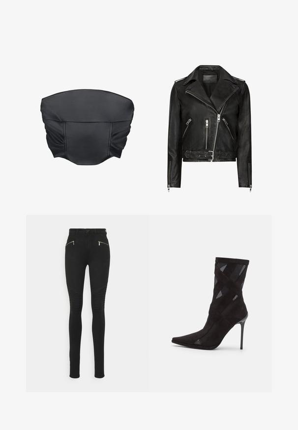 Zwarte leren motorjack met asymmetrische ritsen aan de voorkant, meerdere ritszakken, brede revers en een ceintuur in de taille. Klassiek ontwerp.; Zwarte nep leren cropped top met geplooide textuur en een gestructureerde vorm, met een gladde oppervlakte en minimale stikdetails.; ONLY Tall ONLROYAL BIKER ZIP - Jeans Skinny Fit - black denim; Jeffrey Campbell STRIPES - Lage laarzen - black