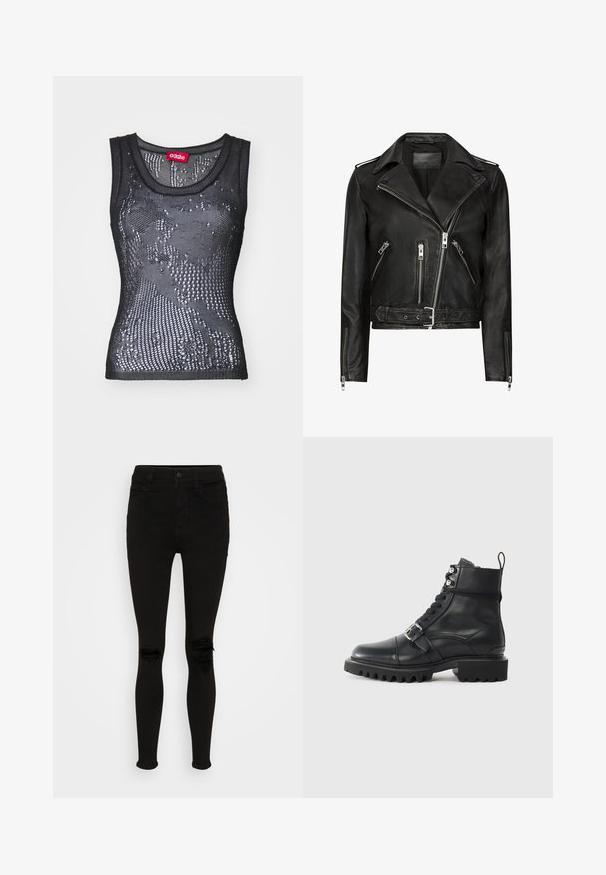 Veste de moto en cuir noir avec des zips avant asymétriques, plusieurs poches zippées, des revers larges et une taille ceinturée. Design classique.; Débardeur en maille noire avec un col rond et un motif de petits trous. L'étiquette intérieure indique "032c". Le matériau semble léger et texturé.; American Eagle SUPER HIGH RISE - Jegging - black wash; Botte en cuir noir à cheville avec un bout rond, fermeture à lacets à l'avant, détail de boucle et semelle épaisse et robuste. Présente des accents en métal argenté.
