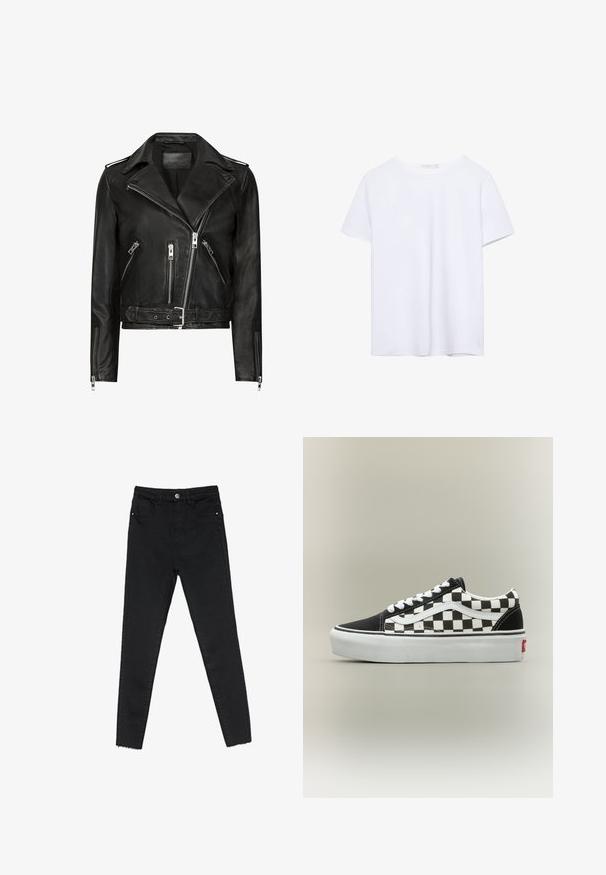 Schwarze Leder-Motorradjacke mit asymmetrischen Frontreißverschlüssen, mehreren Reißverschlusstaschen, breiten Revers und einem Gürtel in der Taille. Klassisches Design.; Ein einfarbiges weißes T-Shirt mit kurzen Ärmeln und Rundhalsausschnitt, mit geradem Saum, auf einem weißen Hintergrund präsentiert.; Schwarze enge Jeans aus Denim mit hoher Taille, Fünf-Taschen-Design und rohem Saum an den Knöcheln. Klassischer Knopf- und Reißverschluss.; Klassischer Low-Top Sneaker mit schwarz-weißem Schachbrettmuster, weißen Schnürsenkeln und dicker weißer Sohle auf neutralem Hintergrund.