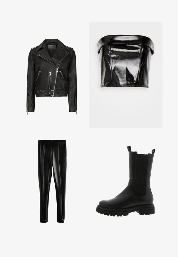 Sort lædermotorcykeljakke med asymmetrisk frontlynlås, flere lynlåslommer, brede revers og talje med bælte. Klassisk design.; Gina Tricot TUBE - Top - black; Sorte kunstlæder leggings med en glat tekstur, der har en høj talje og sømdetaljer foran og bagpå.; Sorte læder ankelstøvler med et slankt design, elastiske sidepaneler, grebsløkker og en kraftig gummisål med et takkede mønster.