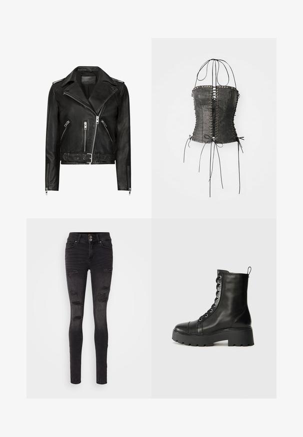 Čierna kožená moto bunda s asymetrickými prednými zipsami, viacerými zipsovými vreckami, širokými klopami a opaskom v páse. Klasický dizajn.; Jaded London LONGLINE LACE UP HALTER CORSET - Top - black; Čierne úzke džínsy vyrobené z denimu s opotrebovaným dizajnom, ktorý obsahuje niekoľko roztrhnutí a priliehavý strih. Dvojité zapínanie na gombíky v oblasti pásu.; Čierna kožená členková obuv s okrúhlou špičkou, masívnou gumovou podrážkou a metalickými očkami. Obsahuje šnurovací dizajn a pútko na zadnej strane.