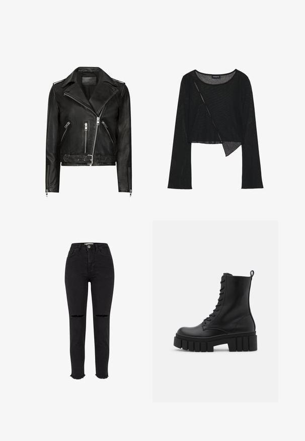 Schwarze Leder-Motorradjacke mit asymmetrischen Frontreißverschlüssen, mehreren Reißverschlusstaschen, breiten Revers und einem Gürtel in der Taille. Klassisches Design.; Schwarzes langärmliges Crop-Top aus leichtem, durchsichtigem Stoff. Mit Rundhalsausschnitt und asymmetrischem Saum mit leichter Textur.; Schwarze hochgeschnittene Jeans mit aufgerissenen Kniedetails und ausgefranstem Saum. Hergestellt aus Denim, mit Knopfverschluss und klassischem Fünf-Taschen-Design.; Schwarze Lederknöchelstiefel mit klobiger, gerippter Sohle, Schnürung vorne und Zuglasche auf glattem weißen Hintergrund.