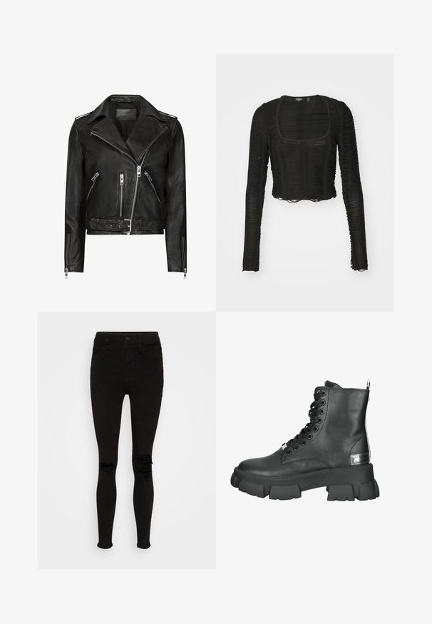 Veste de moto en cuir noir avec des zips avant asymétriques, plusieurs poches zippées, des revers larges et une taille ceinturée. Design classique.; Haut court à manches longues noir avec un décolleté carré, présentant un design texturé en côtes et des détails à l'ourlet brut. Tissu transparent et léger.; American Eagle SUPER HIGH RISE - Jegging - black wash; Bottines en cuir noir avec une semelle plateforme épaisse, un bout rond, un laçage avant avec des œillets en métal et une languette à l'arrière.