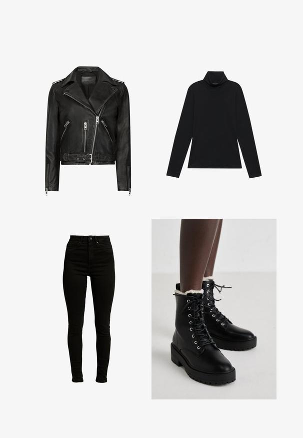 Schwarze Leder-Motorradjacke mit asymmetrischen Frontreißverschlüssen, mehreren Reißverschlusstaschen, breiten Revers und einem Gürtel in der Taille. Klassisches Design.; Schwarzes langärmeliges Rollkragenshirt. Weicher Stoff, enganliegendes Design, hoher Kragen und seitliche Nähte. Schlichter und vielseitiger Stil, der sich gut für das Layering eignet.; Schwarze hochgeschnittene Skinny-Jeans aus Denim mit leichtem Stretch, ausgestattet mit einem Reißverschluss, einem einzelnen Knopfverschluss und einem Fünf-Taschen-Design.; Schwarze Schnürstiefeletten mit klobigen Sohlen und weißem Fleece-Futter, getragen von einer Person, die auf einem hellen Boden steht.