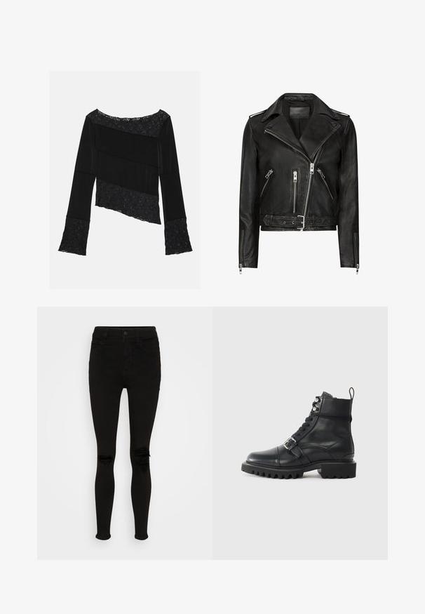 Veste de moto en cuir noir avec des zips avant asymétriques, plusieurs poches zippées, des revers larges et une taille ceinturée. Design classique.; Haut noir à manches longues présentant un mélange de tissu lisse et d'accents en dentelle texturée, avec une coupe asymétrique et des manches évasées.; American Eagle SUPER HIGH RISE - Jegging - black wash; Botte en cuir noir à cheville avec un bout rond, fermeture à lacets à l'avant, détail de boucle et semelle épaisse et robuste. Présente des accents en métal argenté.