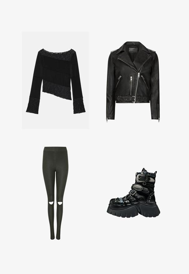 Chaqueta de motociclista de cuero negro con cremalleras frontales asimétricas, múltiples bolsillos con cremallera, solapas anchas y cintura con cinturón. Diseño clásico.; Top negro de manga larga que presenta una combinación de tela suave y acentos de encaje texturizado, con un corte asimétrico y mangas acampanadas.; Leggings negros y elásticos con una alta cinturilla y dos cortes en las rodillas. Textura suave con un sutil brillo. Diseño ceñido.; Bota negra de plataforma con suela gruesa, múltiples correas texturizadas, hebillas plateadas, detalles decorativos metálicos y detalles con tachuelas.