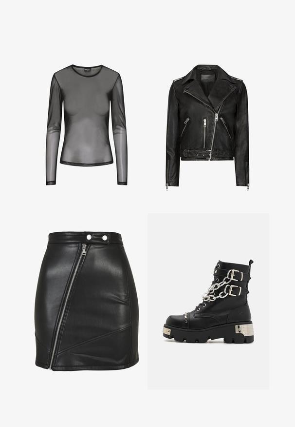 Chaqueta de motociclista de cuero negro con cremalleras frontales asimétricas, múltiples bolsillos con cremallera, solapas anchas y cintura con cinturón. Diseño clásico.; Top negro de manga larga de malla con escote redondo, con tela transparente y forma ajustada. Los bordes están acabados con costuras negras.; Minifalda negra de cuero sintético con cremallera diagonal plateada y cierre de doble botón de presión en la cintura.; Koi Footwear SHACKLED SHADOWS HEAVY DUTY CHAIN - Botines camperos - black