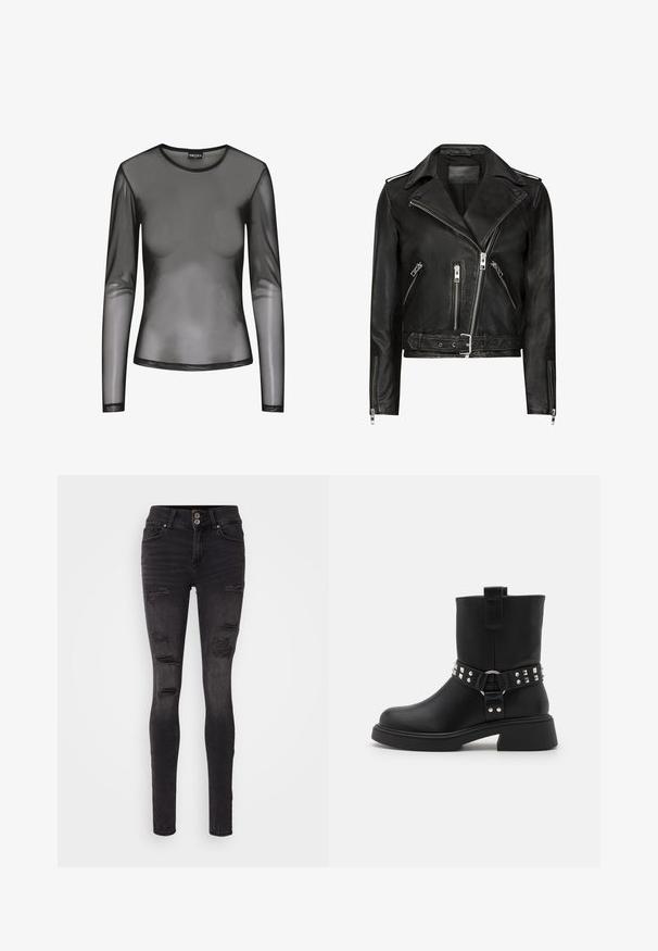 Schwarze Leder-Motorradjacke mit asymmetrischen Frontreißverschlüssen, mehreren Reißverschlusstaschen, breiten Revers und einem Gürtel in der Taille. Klassisches Design.; Schwarzes langärmliges Mesh-Oberteil mit rundem Ausschnitt, aus transparentem Stoff und figurbetonter Passform. Die Ränder sind mit schwarzer Naht versehen.; Schwarze, enge Jeans aus Denim mit einem distressed Design, das mehrere Risse und eine enganliegende Silhouette aufweist. Doppelknopfverschluss an der Taille.; Schwarze Lederstiefeletten mit einem stabilen Absatz, verziert mit einem dekorativen Riemen, der silberne Nieten und einen Metallring umfasst.
