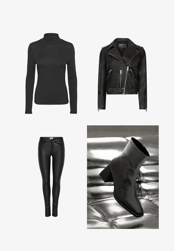 Zwarte leren motorjack met asymmetrische ritsen aan de voorkant, meerdere ritszakken, brede revers en een ceintuur in de taille. Klassiek ontwerp.; Zwarte lange mouw turtleneck shirt gemaakt van glad, rekbaar materiaal. Heeft een aansluitend ontwerp en een klassieke hoge kraag.; Zwarte slim-fit faux leren broek met voorste knoop, ritsluiting en riemlussen, weergegeven op een witte achtergrond.; Zwarte enkellaarsjes van glanzend materiaal met een vierkante neus en taps toelopende hak, afgezet tegen een glanzende zilveren gecapitonneerde achtergrond.