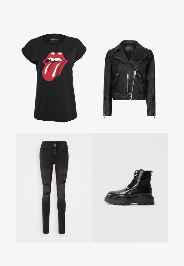 Veste de moto en cuir noir avec des zips avant asymétriques, plusieurs poches zippées, des revers larges et une taille ceinturée. Design classique.; T-shirt noir en coton avec un motif graphique en rouge et blanc du logo des Rolling Stones représentant des lèvres et une langue sur le devant. Encolure ronde.; Jean skinny noir en denim avec un design déchiré comportant plusieurs déchirures et une silhouette ajustée. Fermeture à double bouton à la taille.; Bottine en cuir noir avec finition texturée, présentant un design à lacets, des accents en métal et une épaisse semelle en caoutchouc avec un profil prononcé.