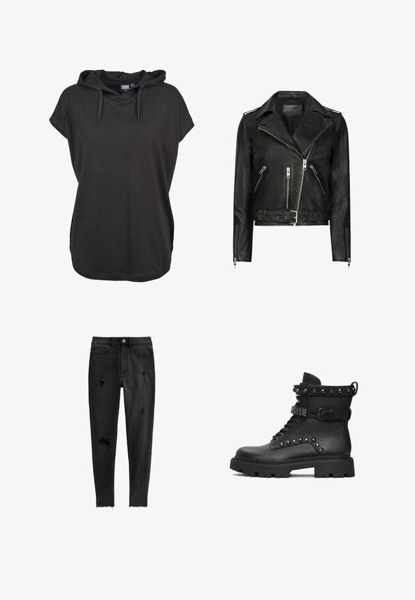 Zwarte leren motorjack met asymmetrische ritsen aan de voorkant, meerdere ritszakken, brede revers en een ceintuur in de taille. Klassiek ontwerp.; Zwarte hoodie t-shirt met korte mouwen, gemaakt van zachte stof. Heeft verstelbare trekkoorden en een relaxte fit. Eenvoudig ontwerp, geen patronen.; Zwarte skinny jeans van denim, met gescheurde accenten, een hoge taille, vijf zakken en een onafgewerkte zoom bij de enkels.; Zwarte leren enkelboots met een gestructureerde afwerking, voorzien van decoratieve studs, een gespband en een stevige, robuuste zool.