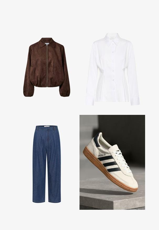 Bruine suède jas met ritssluiting, brede kraag, lange mouwen, elastische taille en zijzakken.; Witte blouse met lange mouwen, knopen aan de voorkant, een puntige kraag, een aangesloten taille en een zichtbaar merklabel "Gestuz" aan de binnenkant van de kraag.; Blauwe denim broek met hoge taille, wijde pijpen, voorplooien, lussen voor een riem en een verborgen ritssluiting.; Witte suède sneakers met marineblauwe strepen, rubberen gumzool, gestructureerde bovenkant, ronde neus en veters; heeft branding aan de zijkant en op de tong.