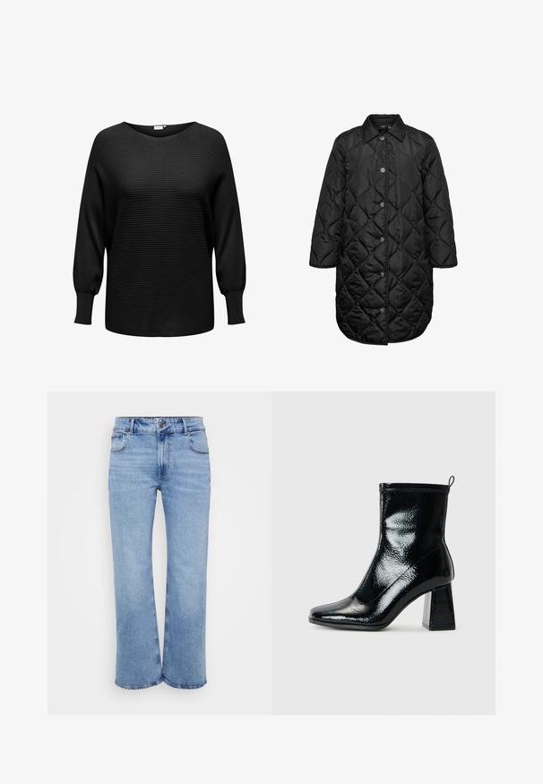 Manteau long noir matelassé avec col et fermeture à boutons sur le devant, présentant un motif de couture en forme de losange et des manches longues.; Pull noir en tricot à texture côtelée, décolleté large et manches longues légèrement bouffantes. Fabriqué en tissu doux et extensible.; Jeans larges de couleur bleu clair en denim, avec cinq poches, une fermeture éclair à l'avant et un bouton. Détails de couture subtils le long des coutures.; Bottine en patin noir avec un bout carré et un talon géométrique épais. Présente une texture lisse et brillante ainsi qu'une languette à l'arrière pour un enfilage facile.