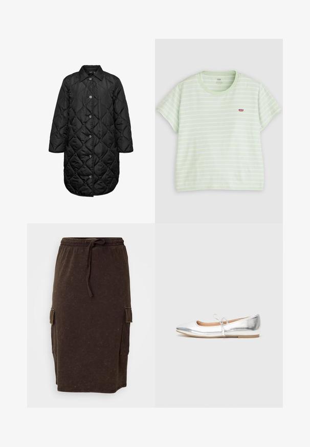 Sort quiltet lang frakke med krave og knaplukning foran, med diamantformet syningsmønster og lange ærmer.; Lysegrøn og hvid kortærmet T-shirt med vandrette striber, rund hals og lille rødt Levi's-logo på brystet.; Brun bomuldsblandings midi-nederdel med elastisk talje og snor. Sidelommer i cargo-stil og en afslappet pasform. Diskret tekstur.; Sølv flad sko med spids tå, lavet af metallisk syntetisk materiale. Har en tynd strop med en dekorativ sløjfe. Glat tekstur.