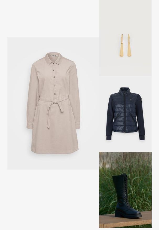 Veste hybride pour femmes bleu marine avec devant matelassé, manches en tissu lisse, poches zippées, col haut et écussons de marque sur la poitrine et la manche.; Robe chemise en velours côtelé beige avec manches longues, fermeture à boutons, col, poches latérales et une ceinture à nouer à la taille pour un ajustement réglable.; Botte en cuir noir haute à lacets avec un talon épais sur une surface en bois, herbes vertes floues en arrière-plan.; Boucles d'oreilles pendantes en ton or avec des pendentifs lisses en forme de goutte allongée suspendus à de petites attaches en forme d'anneau sur un fond blanc.