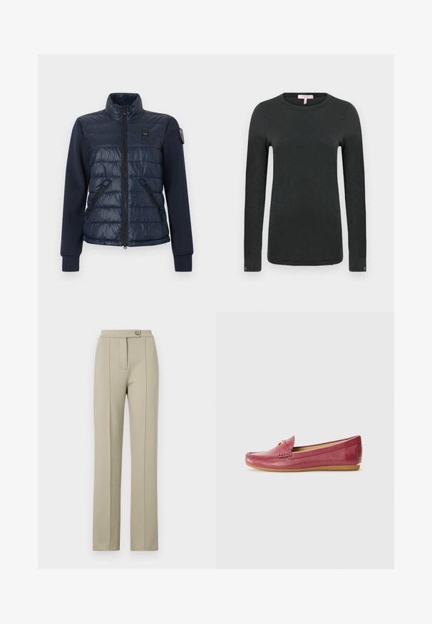 Marineblauwe hybride damesjas met doorgestikte voorkant, gladde stoffen mouwen, zakken met rits, hoge kraag en geborduurde patches op borst en mouw.; rag & bone THE SLUB - Longsleeve - black; Beige op maat gemaakte broek met een rechte pasvorm, voorzien van een ritssluiting aan de voorkant, een enkele knoopsluiting en subtiele persplooien langs de voorkanten van de broekspijpen.; Rode leren loafers met een gestructureerde afwerking, platte zool en een decoratieve gouden accent aan de voorkant. Rondneus en instapontwerp.