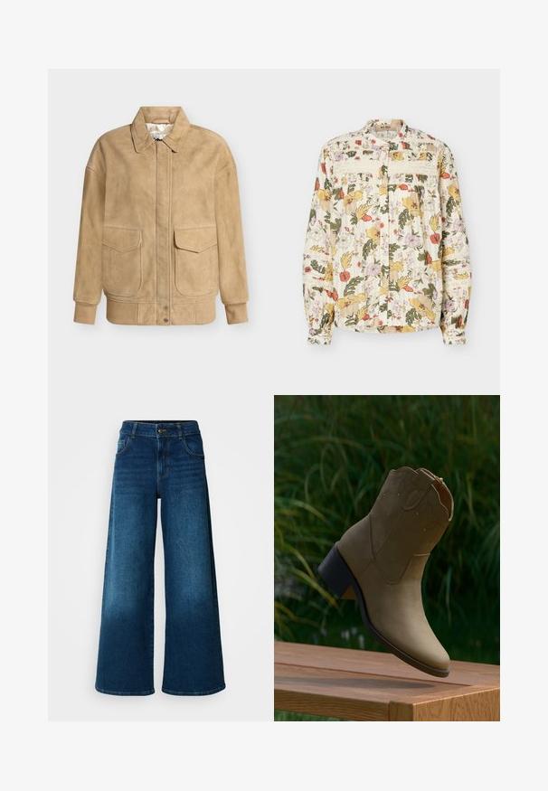 Veste bomber en daim beige avec poches à rabat à l'avant, poignets boutonnés et ourlet côtelé, présentée sur un fond blanc uni.; Blouse à manches longues boutonnée avec imprimé floral multicolore, détails en dentelle sur la poitrine et les manches, et poignets froncés sur fond clair.; Jean large en denim bleu foncé. Doté d'une taille haute, d'une fermeture à bouton et d'un design classique à cinq poches avec une légère décoloration.; Bottine en daim couleur fauve avec surpiqûres décoratives et petit talon carré, posée au bord d'une surface en bois en extérieur.
