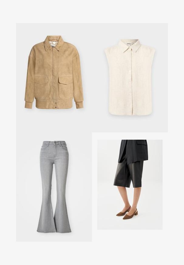 Beige ruskind bomberjakke med forlommer med klap, knappede manchetter og ribbet kant, vist på en ensfarvet hvid baggrund.; Ærmeløs beige linnedbluse med knapper for og spidse kraver samt diskrete rynkede skuldre, enkel frontdesign.; Højtaljede lysegrå denim jeans med flared ben, frontknap, lynlås og for- samt baglommer.; Kvinde iført sorte lædershorts til knæet, en sort blazer og brune ruskindssko med lav blokhæl og slingback.