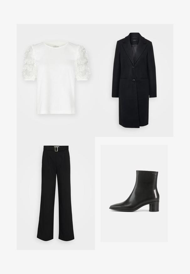 Manteau en laine noire avec une coupe ajustée, design à boutonnage simple, revers crantés et deux boutons. Comprend des poches latérales et une doublure intérieure lisse.; T-shirt blanc à manches courtes avec des détails en appliqué floral sur les manches, doté d'un col rond et en tissu en coton doux.; Pantalons larges noirs en tissu léger, présentant une texture lisse, des plis avant et une ceinture avec une boucle en métal carrée.; Bottine en cuir noir avec un bout pointu et un talon bloc de hauteur moyenne. Texture lisse et design minimaliste. Pas de ferrures visibles.