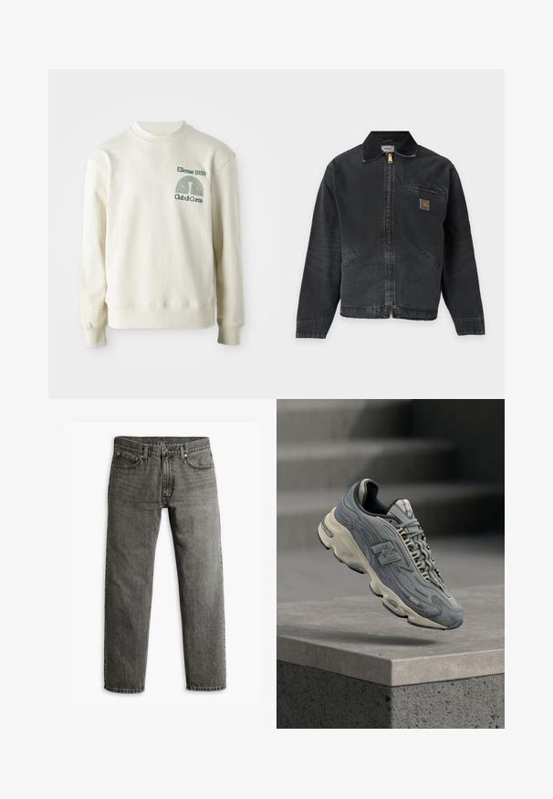 Schwarze Arbeitjacke mit Reißverschluss, kleinem Logo-Patch auf der Brusttasche und zwei Vordertaschen, mit umgeschlagenem Kragen.; Cremfarbener Pullover mit geripptem Kragen und Bündchen; verfügt über ein grünes gesticktes Logo "Ellesse 1959" mit Designelementen auf der Brust.; Graue Jeans aus Denim mit geradem Bein, klassischem Fünf-Taschen-Design und dezenten Nähten an den Säumen und Taschen.; Grauer New Balance 1000 Sneaker mit cremefarbener Sohle, Schnürsenkeln und Markenzeichen, der über einer Betonablage schwebt, mit verschwommenen Treppen im Hintergrund.