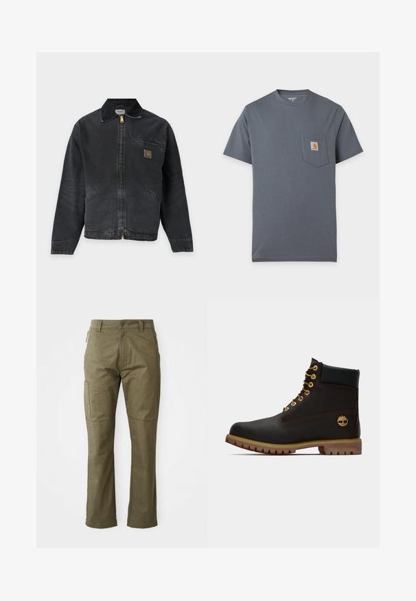 Schwarze Arbeitjacke mit Reißverschluss, kleinem Logo-Patch auf der Brusttasche und zwei Vordertaschen, mit umgeschlagenem Kragen.; Graues Kurzarm-T-Shirt mit einer Vordertasche und kleinem quadratischem Carhartt-Logo auf der Brust.; Khaki Cargo-Hose aus strapazierfähigem Baumwollstoff, mit Seitentaschen, geradem Bein und Reißverschluss mit Knopfverschluss.; Schwarze Leder-Ankle-Boots mit goldenen Ösen, braunen Akzenten und einer Gummisohle. Verfügt über einen gepolsterten Schaft und ein geprägtes Logo an der Seite.