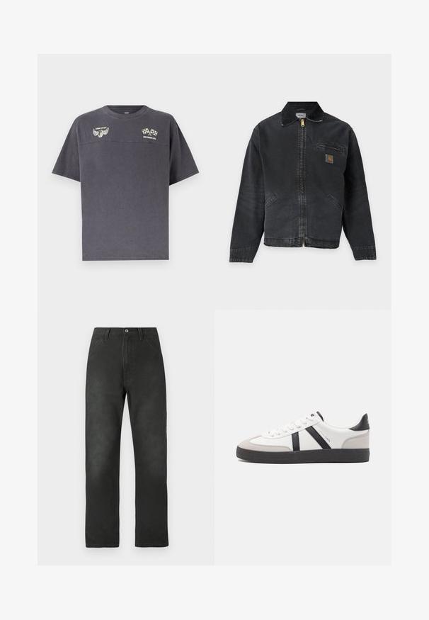 Veste de travail noire avec fermeture éclair, petit patch logo sur la poche poitrine et deux poches avant, avec un col plié.; T-shirt gris foncé à manches courtes avec col rond, présentant des logos de pneu ailé et de drapeaux à damier croisés avec le texte "COMIN' IN HOT" et "LEVI STRAUSS & CO.".; Pantalon en toile de coton noire avec une coupe droite, poches avant et fermeture par bouton. Présente une texture subtile et des détails de couture.; Baskets blanches avec des accents noirs et gris, présentant un embout texturé gris, une semelle en caoutchouc noir et des lacets plats blancs. Design épuré, style minimaliste.