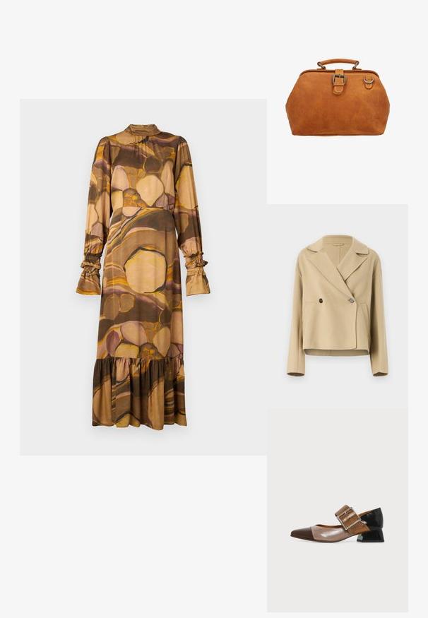 Beige verkürzte Jacke aus weichem Stoff, mit einem Reverskragen, Doppelknopfverschluss und zwei Fronttaschen.; Langärmliges Kleid aus weichen, gemischten Materialien mit einem braunen und beigen abstrakten Muster, hohem Kragen, Rüschensäumen und einem rüschierten Saum.; Spitz zulaufender Schuh mit niedrigem Absatz, schwarzem Absatz, braunem Riemen und silberner Schnalle sowie farblich abgesetztem Vorderteil aus dunkelbraunem und beigem Lackleder.; Braune Lederhandtasche mit strukturiertem Design, Metallbeschlägen, einem oberen Griff und genähten Details. Verfügt über einen gesicherten Verschluss und ein eingeprägtes Logo.