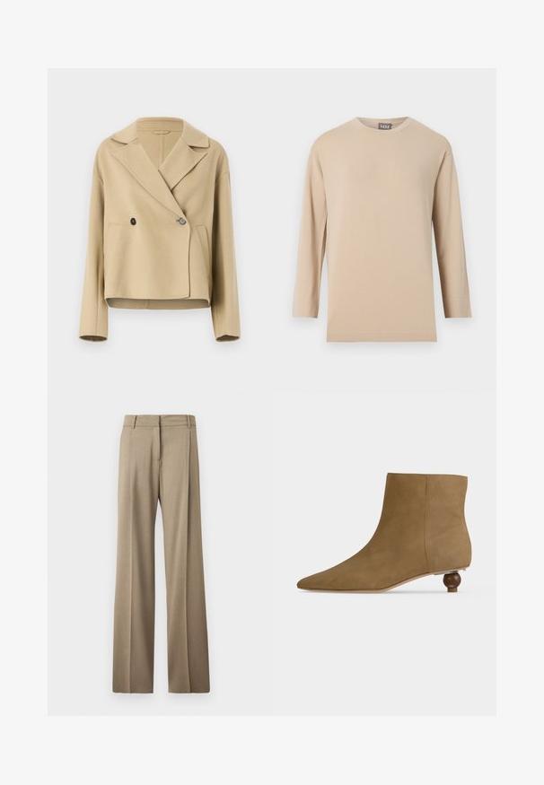 Beige cropped jakke lavet af blødt stof, med spidse krave, dobbelt knaplukning og to frontlommer.; Beige langærmet rundhalset skjorte med en lige kant, vist mod en ensfarvet hvid baggrund.; Vide benbukser i et lysebrunt stof. Har en glat tekstur, pænt pressede folder og en flad frontbluse design.; Tan ruskind ankelstøvle med spids tå og lav, rund træhæl på hvid baggrund.