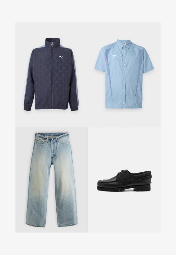 Veste zippée bleu marine avec motif géométrique subtil, rayures bleu clair sur les manches, poignets et ourlet élastiques, et logo Puma blanc sur la poitrine.; Chemise à manches courtes bleu clair avec fines rayures verticales, panneaux latéraux contrastés et logo Umbro blanc sur la poitrine gauche.; Jean denim bleu clair à jambes larges avec une finition délavée. Comprend un design standard à cinq poches et une fermeture à bouton métallique.; Chaussure noire avec un dessus en cuir, des accents textiles, des lacets ronds et une semelle en caoutchouc texturé. Présente des coutures mocassins et des détails de marque.