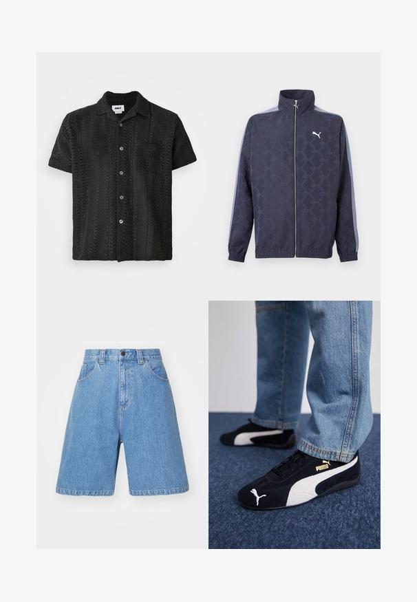 Chaqueta azul marino con cremallera, con un sutil patrón geométrico, rayas azul claro en las mangas, puños y dobladillo elásticos, y el logo blanco de Puma en el pecho.; Camisa de ganchillo negra de manga corta con un corte relajado, presenta un cierre de botones en la parte delantera, un bolsillo en el pecho y un patrón texturizado abierto.; Pantalones cortos de denim azul claro con un ajuste holgado, cintura alta, diseño de cinco bolsillos y un desgaste sutil. Presentan un cierre de botón y trabillas para el cinturón.; Zapatillas de ante negras con acentos blancos, que presentan un logo dorado. Combinadas con unos jeans de mezclilla azul claro y colocadas sobre una superficie texturizada azul.