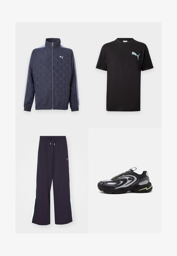 Námornícky modrá bunda na zips s jemným geometrickým vzorom, svetlomodrými pruhmi na rukávoch, elastickými manžetami a lemom a bielym logom Puma na hrudi.; Čierne tričko s krátkym rukávom a malým svetlomodrým logom Puma na ľavej strane hrudníka na bielom pozadí.; Čierne široké nohavice vyrobené z ľahkej tkaniny. Majú elastický pás so šnúrkou a kontrastné zelené bočné pruhy s logom.; Čierno-sivá teniska Lacoste Storm 2K s vlnitými vzormi, šnurovaným dizajnom a hrubou podrážkou s svetlozeleným akcentom.