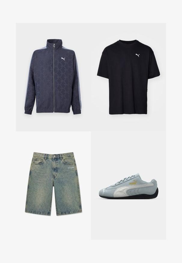 Chaqueta azul marino con cremallera, con un sutil patrón geométrico, rayas azul claro en las mangas, puños y dobladillo elásticos, y el logo blanco de Puma en el pecho.; Camiseta de algodón negra de manga corta, con escote redondo y un logo blanco de Puma en la parte superior izquierda del pecho. Corte clásico, textura suave.; Pantalones cortos de mezclilla azul claro con un acabado desteñido, bolsillos delanteros, trabillas para cinturón, cierre de botón y logotipo "PEGADOR" en el bolsillo delantero derecho.; Zapatilla de ante azul claro con detalles en blanco, diseño texturizado en los laterales, suela de goma negra y logo dorado. Diseñada para uso casual.