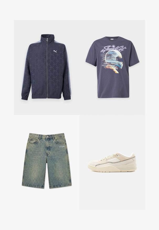 Marineblå lynlåstrøje med subtilt geometrisk mønster, lyseblå striber på ærmerne, elastiske manchetter og kant samt hvidt Puma-logo på brystet.; Mørkegrå T-shirt med digitalt stiliseret grafik af en racerbils hjelm og ordet "Steadfast" over det i stiliseret tekst.; Lyseblå denimshorts med falmet finish, forlommer, bæltestropper, knaplukning og "PEGADOR" logo på højre forlom.; Lavtopet sneaker i cremefarve med beige accenter, snørelukning, polstret krave og tekstureret sål på en ensartet lys baggrund.