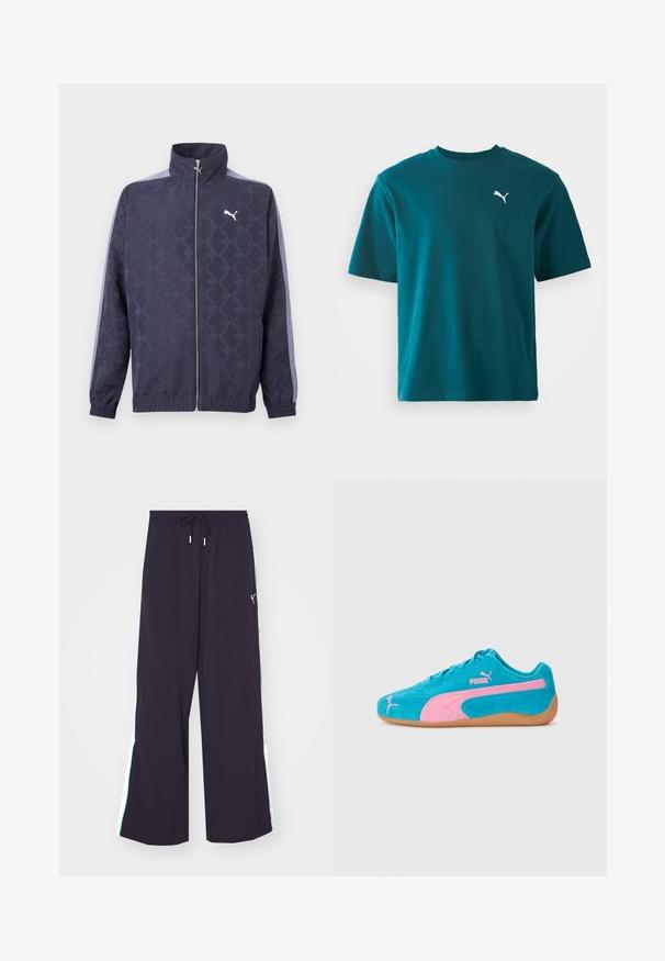 Donkerblauw jack met ritssluiting en een subtiel geometrisch patroon, lichtblauwe strepen op de mouwen, elastische boorden en zoom, en een wit Puma-logo op de borst.; Teal katoenen t-shirt met korte mouwen, ronde hals en een wit Puma-logo op de linkerkant van de borst; gladde textuur en reguliere pasvorm.; Zwarte wijde broek van lichtgewicht stof. Voorzien van een trekkoord in de taille en contrasterende groene zijkanten met een logo-accent.; Suede sneakers in helderblauw met roze accenten en een gumrubberen zool. Beschikt over een vetersluiting en geborduurd logo detail.