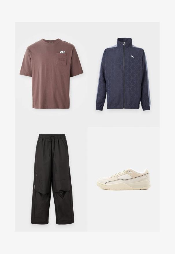 Veste zippée bleu marine avec motif géométrique subtil, rayures bleu clair sur les manches, poignets et ourlet élastiques, et logo Puma blanc sur la poitrine.; T-shirt en coton brun à manches courtes. Présente une poche poitrine avec un graphique d'un chat qui regarde et le mot "PUMA" embossé sur la poche.; Pantalon ample noir avec taille élastique, poches zippées à l'avant, panneaux aux genoux et détails réfléchissants subtils sur les côtés.; Baskets basses couleur crème avec accents beige, fermeture à lacets, col rembourré et semelle texturée sur un fond clair uni.