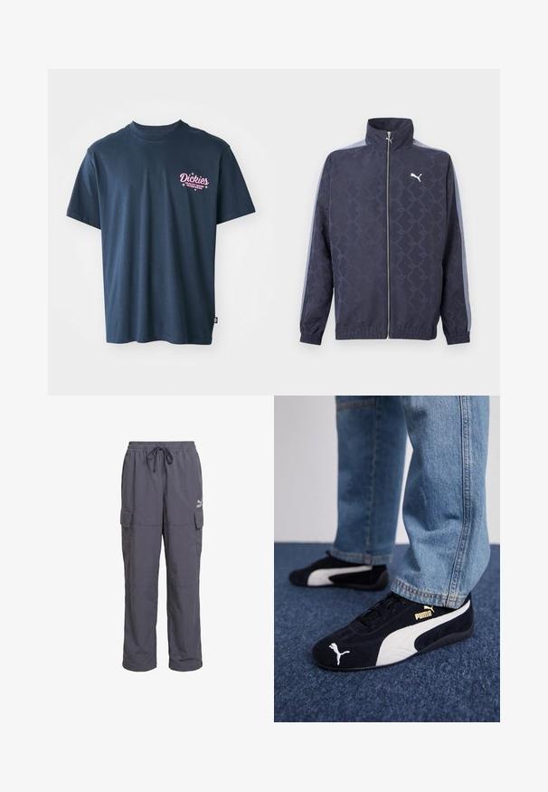 Námornícky modrá bunda na zips s jemným geometrickým vzorom, svetlomodrými pruhmi na rukávoch, elastickými manžetami a lemom a bielym logom Puma na hrudi.; Námornícky modré bavlnené tričko s ružovým potlačeným logom na hrudi a textom "Dickies Quality Made Workwear." Krátke rukávy, štandardný strih.; Tmavšie sivé voľné cargo nohavice s elastickým pásom, šnúrkou a klopovými vreckami na bokoch, s logom Puma na pravom stehne.; Čierne semišové tenisky s bielymi akcentmi, so zlatým logom. Nosené s svetlomodrými denimovými džínsy a položené na textúrovanej modrej ploche.