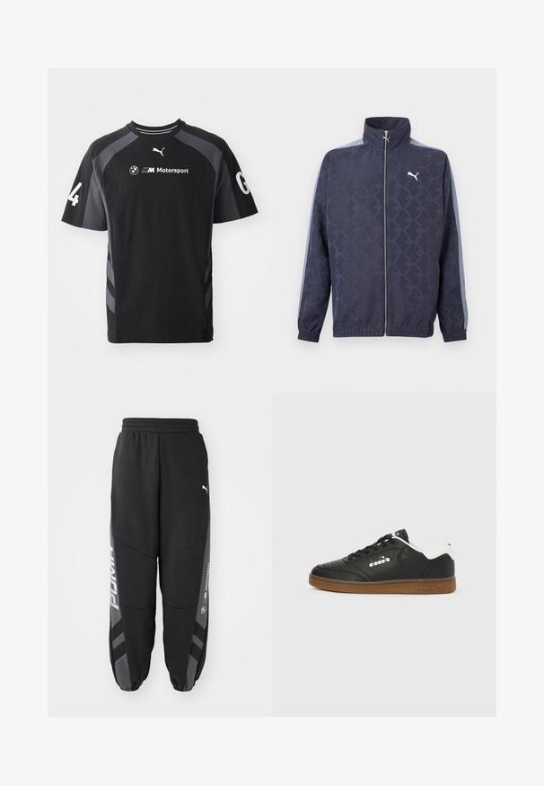 Námornícky modrá bunda na zips s jemným geometrickým vzorom, svetlomodrými pruhmi na rukávoch, elastickými manžetami a lemom a bielym logom Puma na hrudi.; Čierne tričko s sivými akcentmi, krátkymi rukávmi, okrúhlym výstrihom, so znakmi BMW a Puma a číslom '4' na rukáve.; Čierne jogger nohavice vyrobené z mäkkého materiálu. Majú elastický pás, zúžené nohy, sivé akcenty a biele logá po stranách.; Čierna kožená teniska s bielym pätovým pásikom, gumovou podrážkou, čiernymi šnúrkami a strieborným logom Diadora na boku a podrážke.
