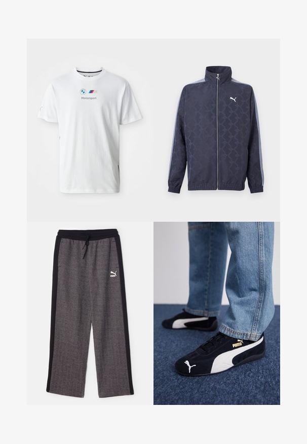 Marineblå lynlåstrøje med subtilt geometrisk mønster, lyseblå striber på ærmerne, elastiske manchetter og kant samt hvidt Puma-logo på brystet.; Hvid bomulds t-shirt med BMW-logoet, "Motorsport" tekst i grå og farverige accenter på siderne. Kortærmet og med rund halsdesign.; Puma RELAXED TRACK PANTS - Træningsbukser - black/alpine snow; Sorte ruskinds sneakers med hvide detaljer og et guldlogo. Båret med lyseblå denimjeans og sat på en struktureret blå overflade.