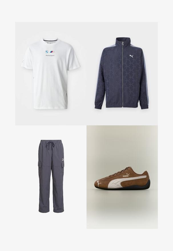 Marineblaue Reißverschlussjacke mit dezentem geometrischem Muster, hellblauen Streifen an den Ärmeln, elastischen Bündchen und Saum sowie weißem Puma-Logo auf der Brust.; Weißes Baumwoll-T-Shirt mit dem BMW-Logo, grauem "Motorsport"-Text und farbigen Akzenten an den Seiten. Kurze Ärmel und Rundhalsausschnitt.; Dunkelgraue, weit geschnittene Cargohose mit elastischem Bund, Kordelzug und Klappentaschen an den Seiten, mit Puma-Logo am rechten Oberschenkel.; Brauner Wildleder-Sneaker mit weißen Akzenten und strukturiertem Design. Mit einer schwarzen Gummisohle und einem auffälligen Puma-Logo an der Seite.