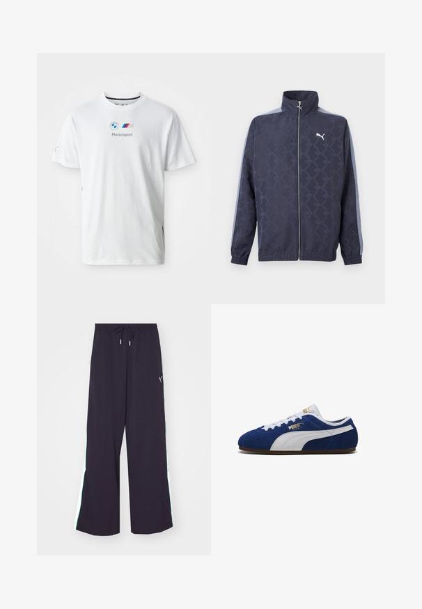 Tumesinine lukuga jope peene geomeetrilise mustriga, helesinised triibud varrukatel, elastsed varrukaotsad ja alumine äär, valge Puma logo rinnal.; Valge puuvillane T-särk, millel on BMW logo, hall "Motorsport" tekst ja värvilised aktsendid külgedel. Lühikesed varrukad ja ühe otsa kraed.; Mustad mustad püksid, valmistatud kergest kangast. Omab nööriga vöökohta ja kontrastseid rohelisi külgriide, millel on logo rõhutus.; Sinine sametpindse Puma tossuga valge triibu, valgete paelte ja kuldse Puma brändinguga küljel ja kee pealtvaates.