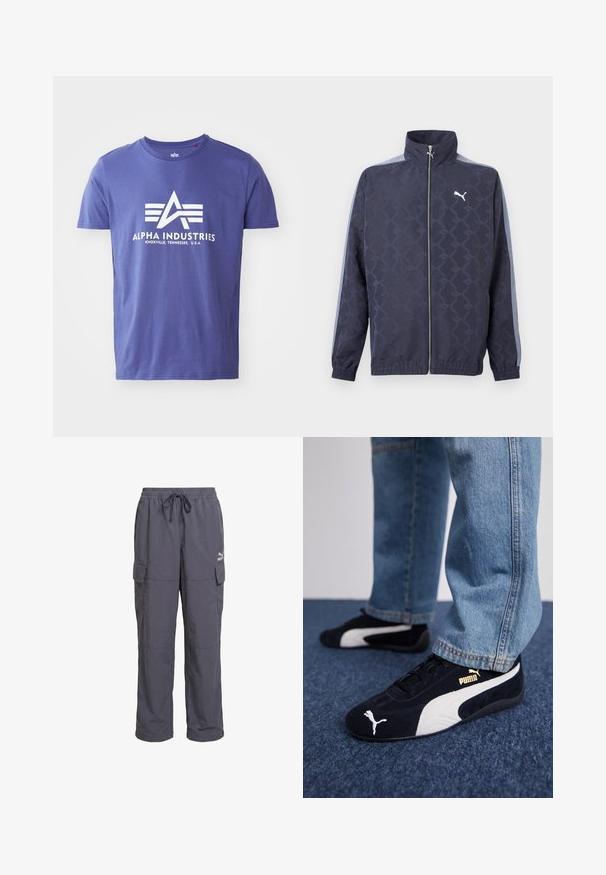 Chaqueta azul marino con cremallera, con un sutil patrón geométrico, rayas azul claro en las mangas, puños y dobladillo elásticos, y el logo blanco de Puma en el pecho.; Camiseta de algodón morada de manga corta, que presenta un logo blanco que incluye "ALPHA INDUSTRIES" y un diseño geométrico.; Pantalones cargo de corte holgado en gris oscuro con cintura elástica, cordón y bolsillos con solapa en los laterales, con logo de Puma en el muslo derecho.; Zapatillas de ante negras con acentos blancos, que presentan un logo dorado. Combinadas con unos jeans de mezclilla azul claro y colocadas sobre una superficie texturizada azul.