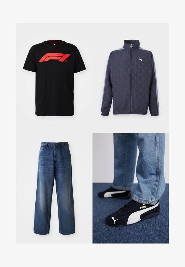 Chaqueta azul marino con cremallera, con un sutil patrón geométrico, rayas azul claro en las mangas, puños y dobladillo elásticos, y el logo blanco de Puma en el pecho.; Camiseta de algodón negra que presenta un gran logo rojo de Fórmula 1 en el frente. Cuello redondo y mangas cortas, textura suave.; Jeans de mezclilla azul de cintura alta con un diseño de pierna ancha, que presentan un ligero desvanecimiento, bolsillos delanteros y un cierre de botón en la cintura.; Zapatillas de ante negras con acentos blancos, que presentan un logo dorado. Combinadas con unos jeans de mezclilla azul claro y colocadas sobre una superficie texturizada azul.