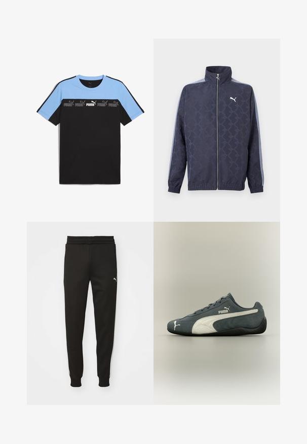 Donkerblauw jack met ritssluiting en een subtiel geometrisch patroon, lichtblauwe strepen op de mouwen, elastische boorden en zoom, en een wit Puma-logo op de borst.; Zwart en lichtblauw T-shirt met korte mouwen en een ronde hals. Heeft een horizontale band met meerdere Puma-logo's in wit en zwart.; Zwarte sportbroek met een tapering fit, elastische tailleband, zijzakken en witte zijkanten. Bevat een klein logo op de linkerdij.; Donkergrijze Puma-sneaker met witte zijstreep, Puma-logo op de zijkant en teen, en zwarte, getextureerde zool, zijaanzicht op een neutrale achtergrond.