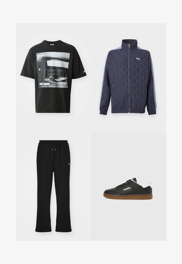 Námornícky modrá bunda na zips s jemným geometrickým vzorom, svetlomodrými pruhmi na rukávoch, elastickými manžetami a lemom a bielym logom Puma na hrudi.; Čierne bavlnené tričko s grafickým potlačou, ktoré obsahuje textové prvky, vrátane „FORMULA 1 RACING“ a „P1“. Má okrúhly výstrih a krátke rukávy.; Čierne teplákové nohavice s elastickým pásom a šnúrkou, so bočnými vreckami a nenápadným logom na ľavom stehne. Mäkká tkanina, rozšírený strih.; Čierna kožená teniska s bielym pätovým pásikom, gumovou podrážkou, čiernymi šnúrkami a strieborným logom Diadora na boku a podrážke.