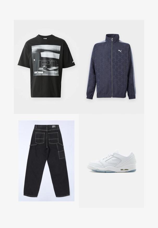 Marineblå lynlåstrøje med subtilt geometrisk mønster, lyseblå striber på ærmerne, elastiske manchetter og kant samt hvidt Puma-logo på brystet.; Sort bomulds T-shirt med grafisk tryk, der inkluderer tekstelementerne "FORMULA 1 RACING" og "P1." Rund hals og korte ærmer.; Sorte denimbukser med løs pasform, der har flere lommer, synlige syninger og et lige ben-design.; Hvid lavtop atletiksko med perforeret sidepanel, snørelukning, polstret sål og synlig luftenhed i hælen.