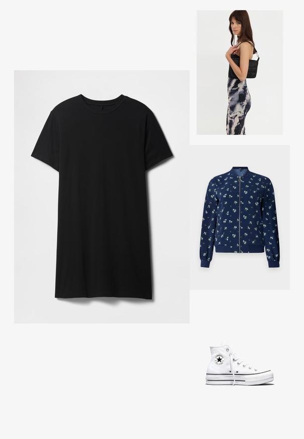 Marineblå bomberjakke med blomstermønster i lyseblå og grøn, med lynlås foran, ribbede manchetter og nederkant for et tætsiddende look.; Sort kortærmet t-shirt lavet af bomuld, med klassisk rund halsudskæring og en lige kant, med en glat, mat tekstur.; Hvid højtop Converse Chuck Taylor All Star-sneaker med sort logo-patch og hvide snørebånd, vist på hvid baggrund.; Sort quiltet skuldertaske med en enkelt rem og sølvhardware, parret med en tætsiddende kjole med tie-dye mønster i nuancer af sort og creme.