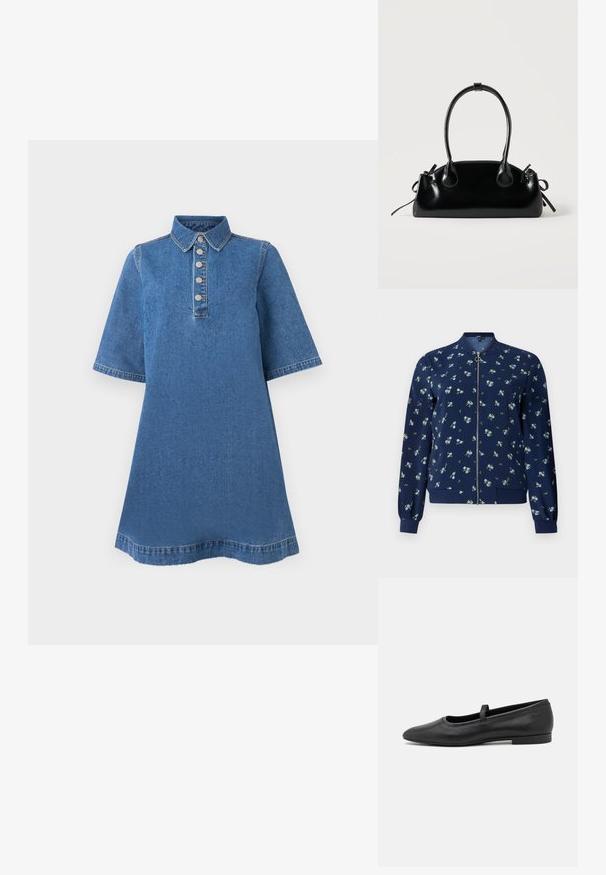 Tumes sinine pommikajakk, millel on helesinised ja rohelised lillemustrid, ees luku ja soonikkoesvarrukad ning -äär, et anda istuv välimus.; Denim kleit pehme kraega, lühikeste varrukatega ja viie metallist nupuga ees. Sinine kangas, millel on sile tekstuur ja kerge kulumine.; Mustad mustad balletijalatsid, mis on valmistatud siledast nahast, ümmarguse varbaga, väikese rihmaga ülevalt ja minimaalistlikus disainis.; Väike must läikiv käekott kahe pika sangaga ja külgedel paelakinnitustega, ühel lihtsal helel taustal.